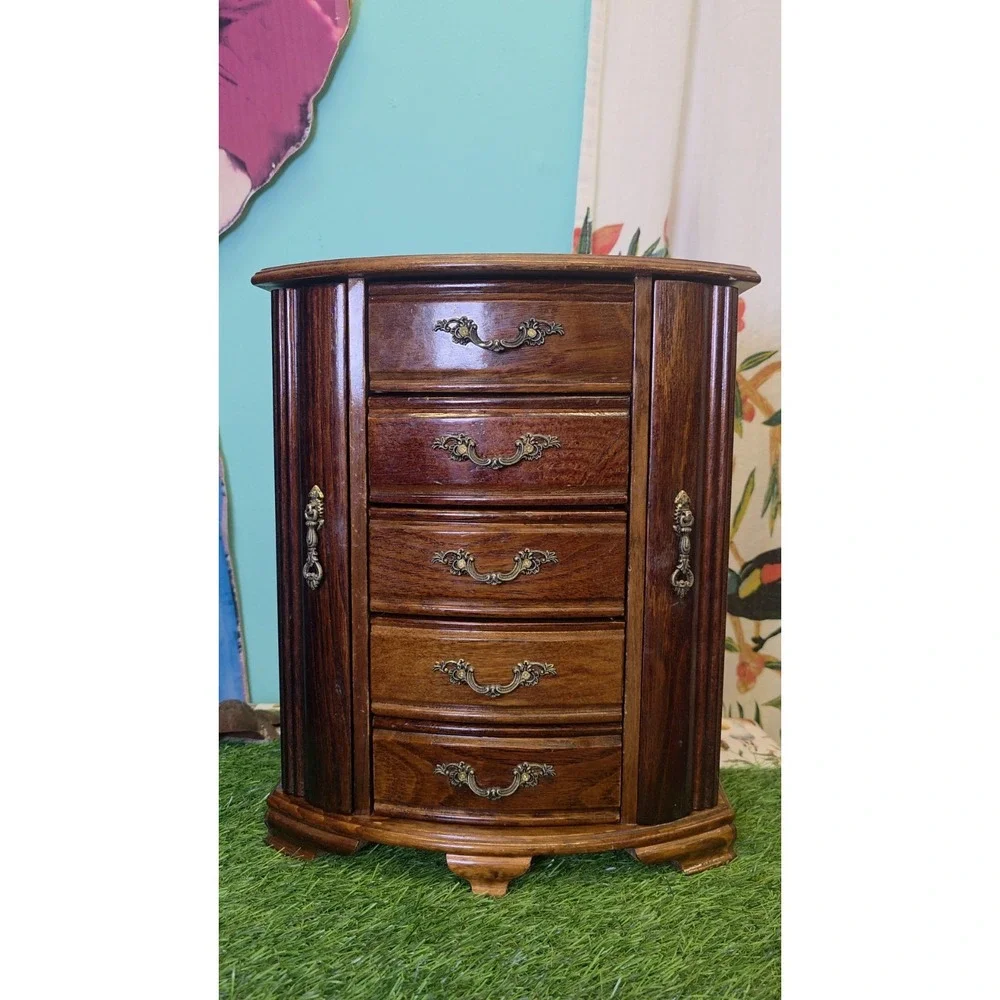 Vintage Mele Oak Wood Jewelry Box Drawers, Doors, And Lift Top 13.75